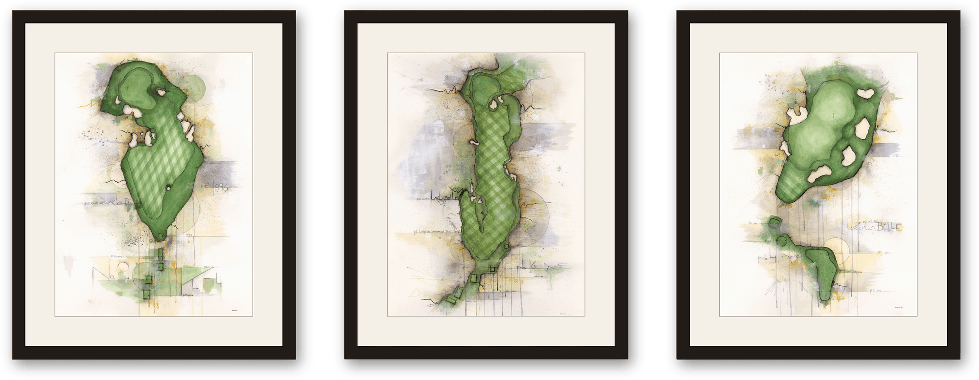 Three framed Charcoal Golf mixed-media paintings of Lac La Belle holes 2, 16 and 4, floating as a gallery row